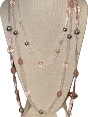 Delicate Pink Beaded Ribbon Necklace - Unbranded